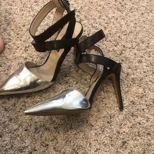 Silver ankle strap stilettos!